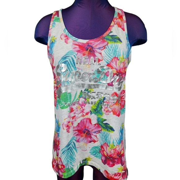 Sold Superdry Vintage Logo Hibiscus All Over Print Racerback Tank Top Size 8 - Picture 12 of 12
